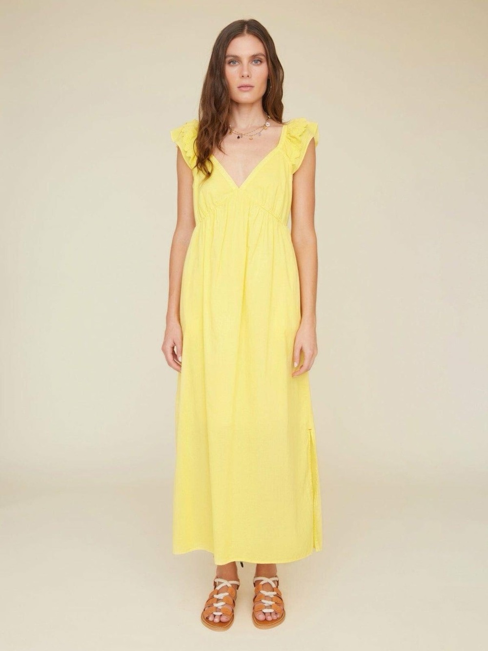 Xirena Leia 100% Cotton V Neck Midi Dress in Bright Yellow